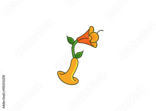 Stylized illustration of a blooming bellflower or trumpet flower in vibrant orange and yellow on black.