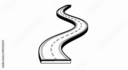 A winding road with dashed lines, depicted in a stylized, 3D black and white outline