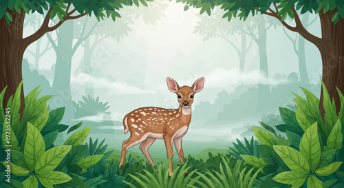 A spotted fawn stands alert in a misty, green forest