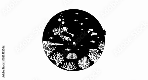 A stylized illustration of a scuba diver exploring a vibrant coral reef with fish