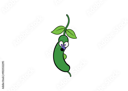 Surprised cartoon green bean character on a black background, funny expression