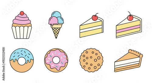 Assortment of Sweet Treats: Cupcakes, Ice Cream, Cake Slices, Donuts, and Cookies