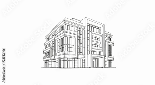 A detailed line drawing of a multi-story, modern building with many windows and balconies