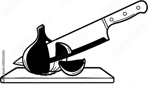A stylized illustration shows a whole garlic bulb and a clove on a cutting board