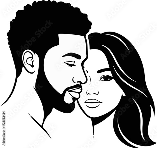 A stark black and white illustration depicts a man and woman embracing closely