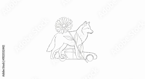 A wolf stands on a car, holding a flower with its legs