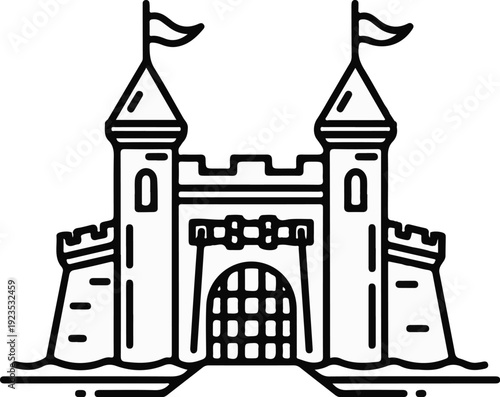 A simplified line art illustration of a fortified castle with two towers