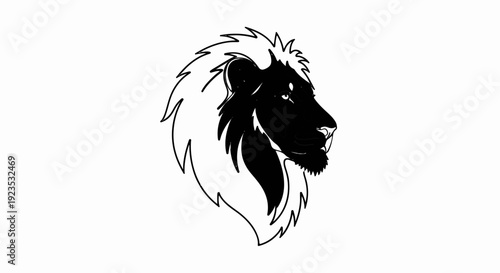 A stark black and white illustration of a lion's head in profile