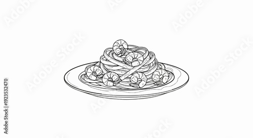 A detailed line drawing of a plate piled high with pasta and several shrimp