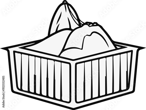 A stylized line art illustration of a baby in a basket with a blanket