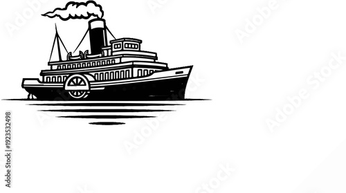 A classic paddle steamer glides across tranquil waters, trailing wisps of smoke