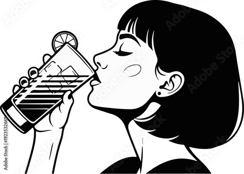 A woman with short dark hair sips a drink with ice and a lime slice