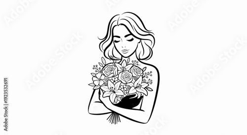 A woman with short wavy hair holds a bouquet of assorted flowers