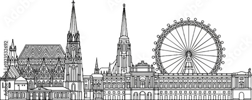 A detailed line drawing of architectural structures and a Ferris wheel