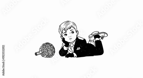 A young boy in formal attire lies on his stomach, gazing pensively, with a bouquet of roses nearby