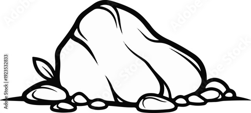 A simplified black and white drawing of a large rock with smaller stones and leaves