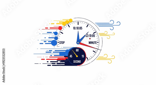 A clock with abstract streaks of red, blue, and yellow, suggesting speed