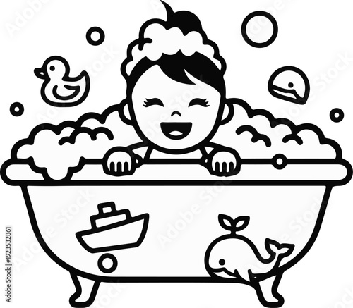 A joyful child bathes in a bubble-filled tub with bath toys