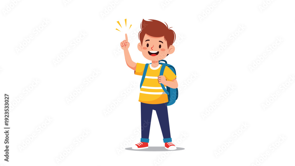 Fototapeta premium Enthusiastic schoolboy wearing a blue backpack and pointing upwards as he discovers a brilliant new creative idea.
