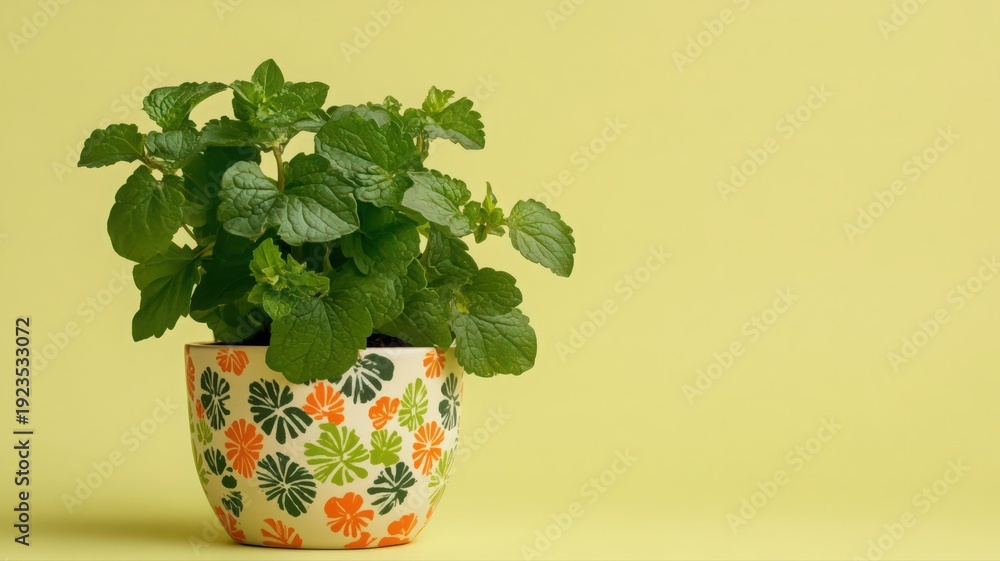 Fototapeta premium Lemon Balm Plant in Brightly Patterned Ceramic Pot Against a Soft Yellow Background