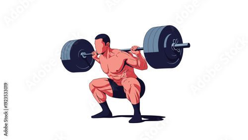 Muscular male athlete performing a heavy barbell back squat in a stylized comic book illustration with bold colors.