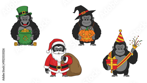 Four funny gorilla characters dressed up for various holidays including St Patricks Day, Halloween, and Christmas.