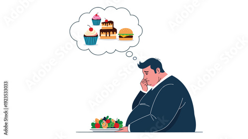 Sad overweight man contemplating a bowl of salad while dreaming of sugary cupcakes, burgers, and delicious cakes.