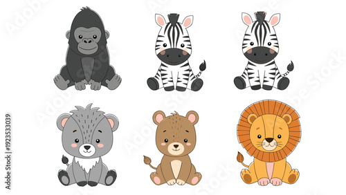 Collection of adorable baby wild animals including a gorilla, zebras, and a lion sitting together in a cartoon style.