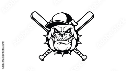 Tough bulldog head wearing a baseball cap positioned in front of crossed wooden bats in a bold black and white logo.
