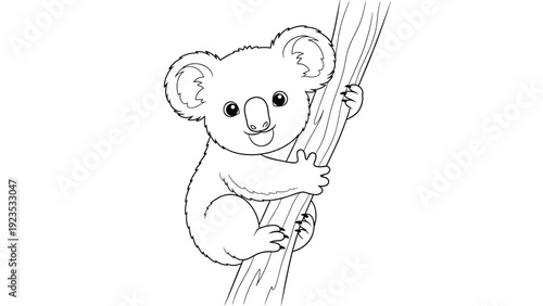 Simple black and white line drawing of a cute baby koala clinging to a tree branch perfect for children coloring.
