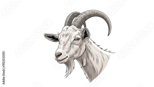 Artistic hand-drawn style head of a mountain goat with impressive large curved horns on a plain white background.