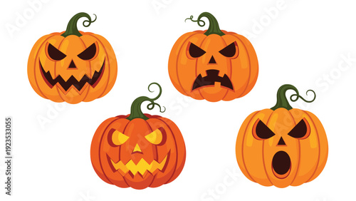 Set of four vibrant orange Halloween pumpkins with various spooky and humorous jack-o-lantern face carvings.