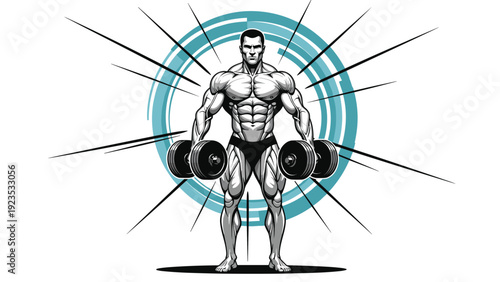 Powerful bodybuilder holding heavy dumbbells with dynamic energy rays radiating in the background illustration.