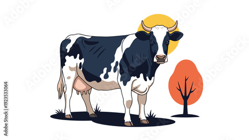 Detailed vector illustration of a dairy cow standing in a grassy field with a stylized orange sun and tree behind.