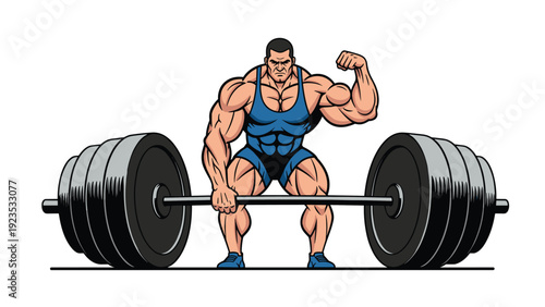 Powerful bodybuilder flexing one arm while performing a heavy deadlift with a loaded barbell in a gym illustration.