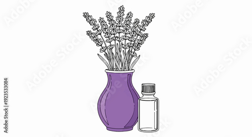 A purple vase holds delicate lavender sprigs next to a small glass bottle
