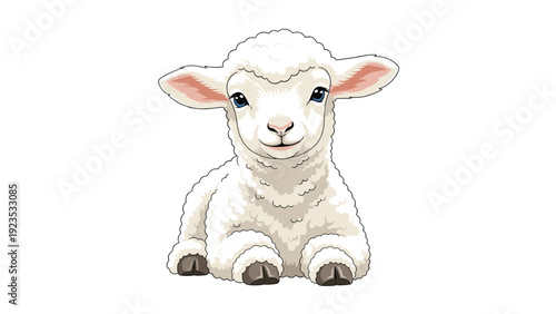Innocent little white lamb lying down on a clean white background with a gentle and peaceful facial expression.