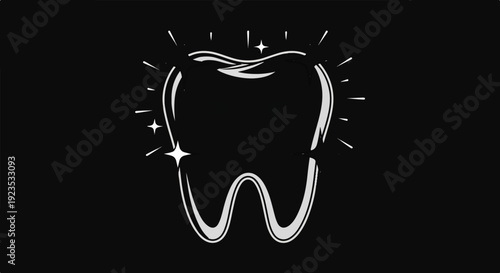 A simple, stylized tooth illustration on a black background with sparkles