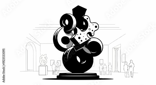 A large abstract sculpture in a gallery with onlookers admiring other art