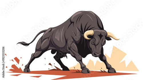 Powerful black bull with sharp horns and intense gaze in a charging or aggressive stance in a desert landscape with dust and debris.
