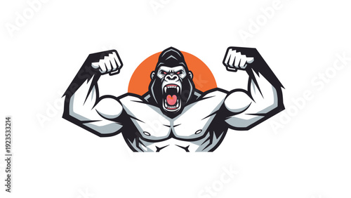 Angry silverback gorilla mascot flexing his huge arms and roaring with a bright orange sun background on a white background.