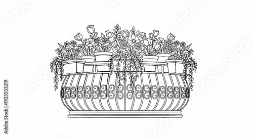 A detailed sketch of a flower-filled balcony railing with cascading plants
