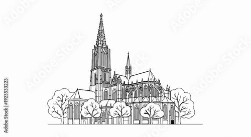 A detailed sketch of a Gothic cathedral with a tall spire