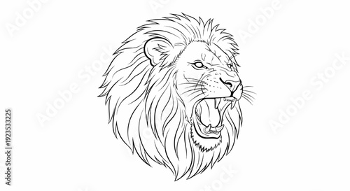 A powerful lion's head, roaring with an open mouth, detailed mane