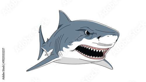 Powerful great white shark swimming through the water with its mouth slightly open and a determined look in its dark eyes on white.