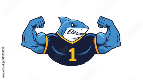 Muscular blue shark athlete character wearing a number one sports jersey and flexing his biceps with a determined expression.
