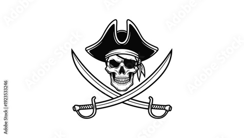 Classic pirate emblem featuring a grinning human skull wearing a black tricorn hat and eyepatch above two crossed steel sabers.
