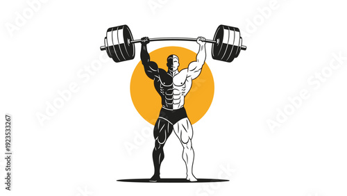 Bodybuilder lifting a heavy barbell in a high contrast split color design in front of a warm orange sun on a white background.