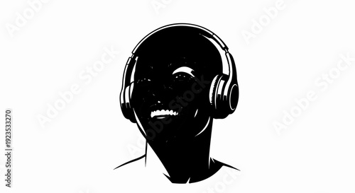 A close-up graphic illustration of a person wearing headphones and smiling