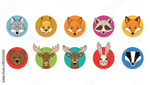 Ten forest animal portraits enclosed in colorful circles featuring species like a wolf, squirrel, fox, raccoon, bear, and deer.